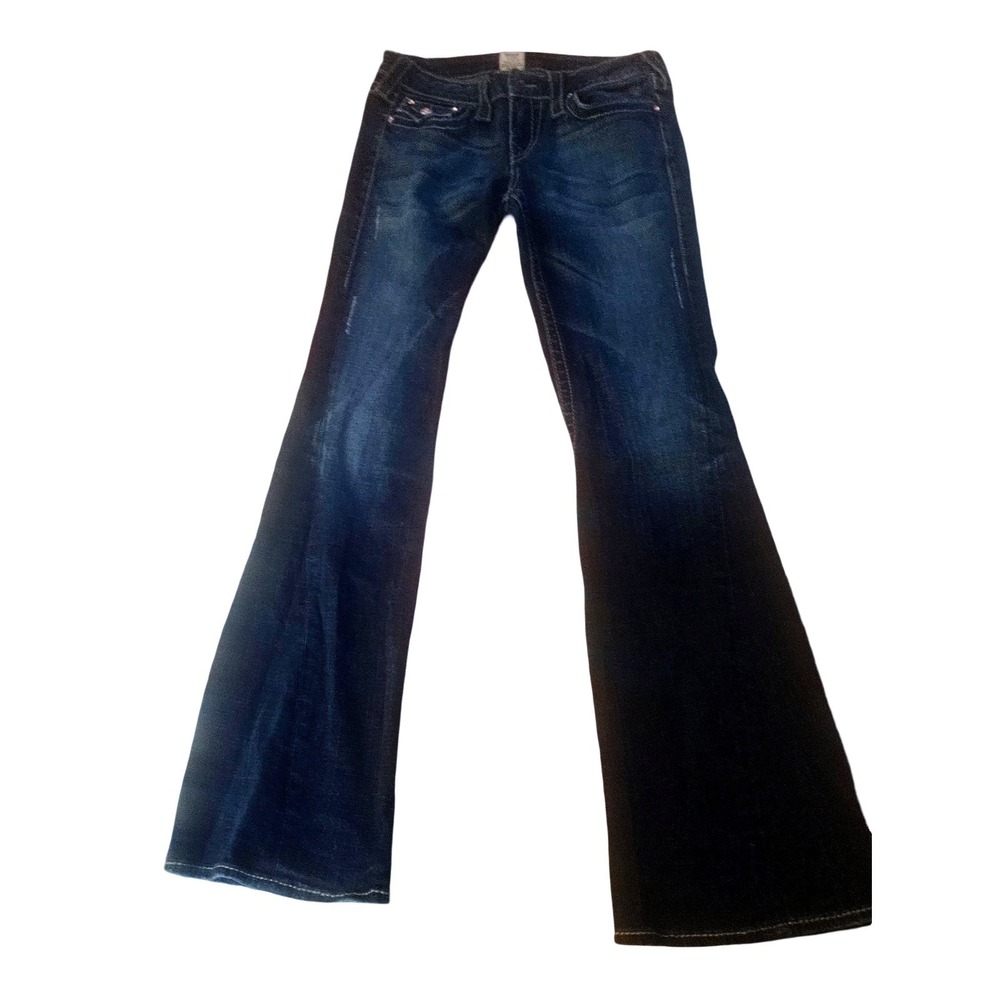 True Religion Joey Dark Wash Flare Jeans Low Rise Horseshoe Pockets Size 29